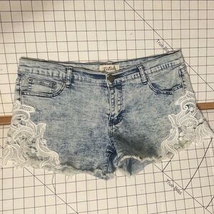 Listicle Light Blue Jean Shorts with White Lace